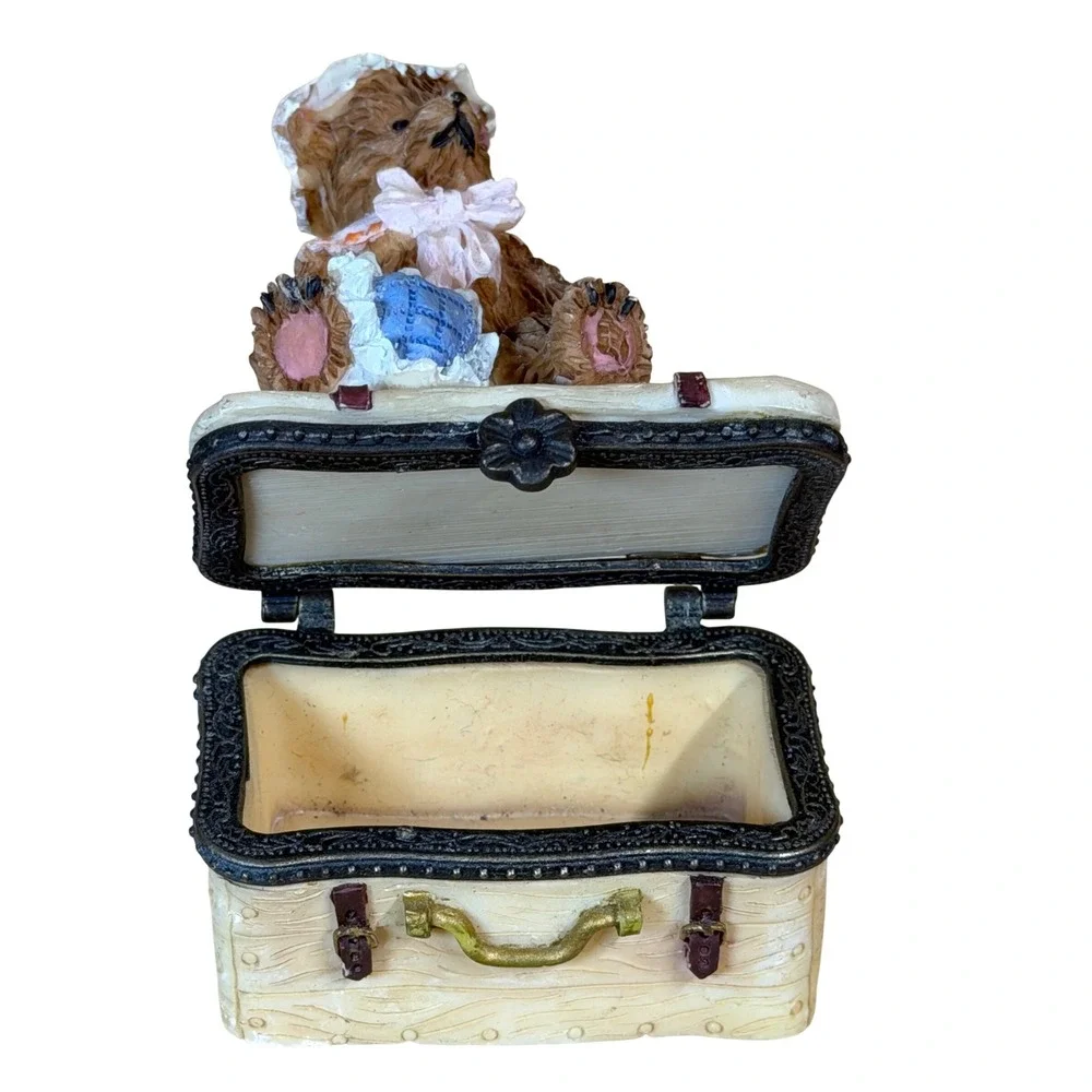 Teddy‎ Bear on Suitcase Resin Hinged Trinket Box Figurine Brown Cream Vintage